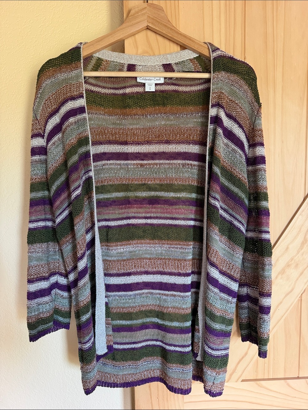 Coldwater Creek Striped Open Cardigan in Olive, Purple & Tan